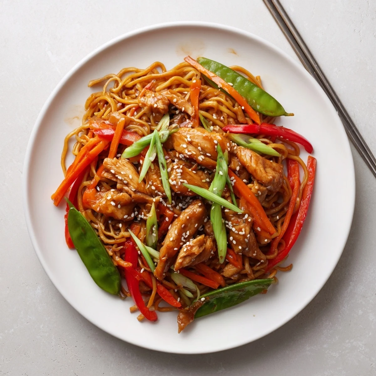 Close-up of stir-fried chicken noodles sprinkled with sesame seeds and fresh scallion garnish