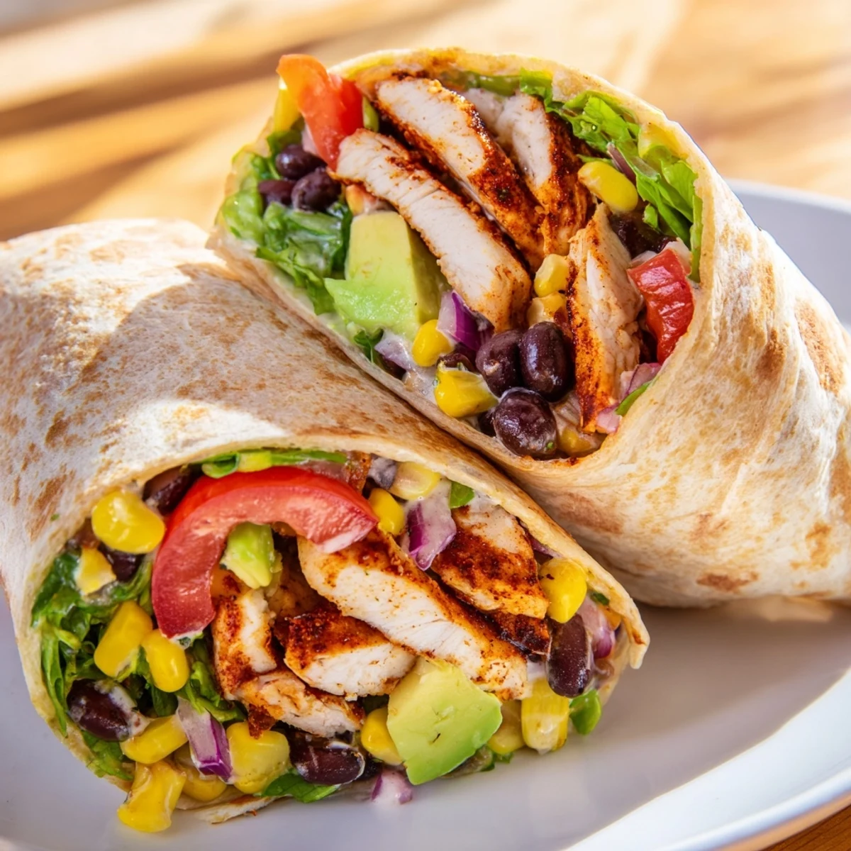Cut Southwest chicken wraps reveal seasoned chicken, avocado slices, black beans, and drizzled zesty cream sauce