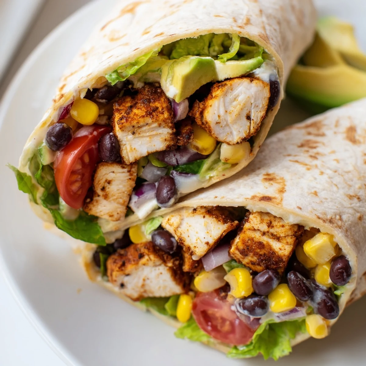 Flour tortilla wrapped around seasoned chicken, crisp lettuce, and colorful vegetables with creamy southwest sauce