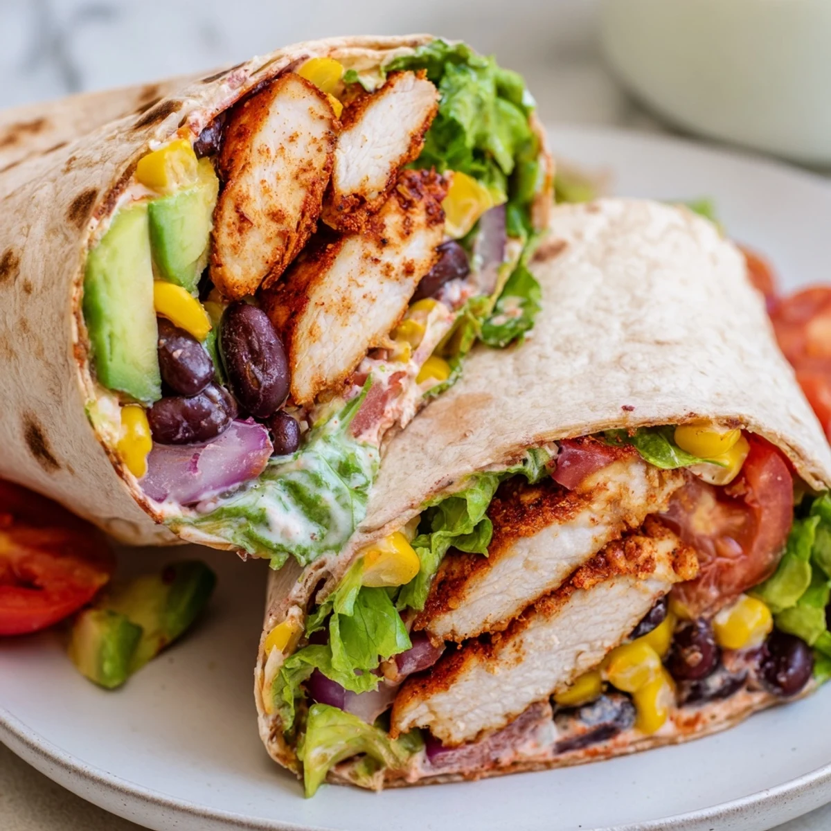 Handheld flour tortilla stuffed with spiced grilled chicken, fresh corn, tomatoes, and tangy southwest dressing