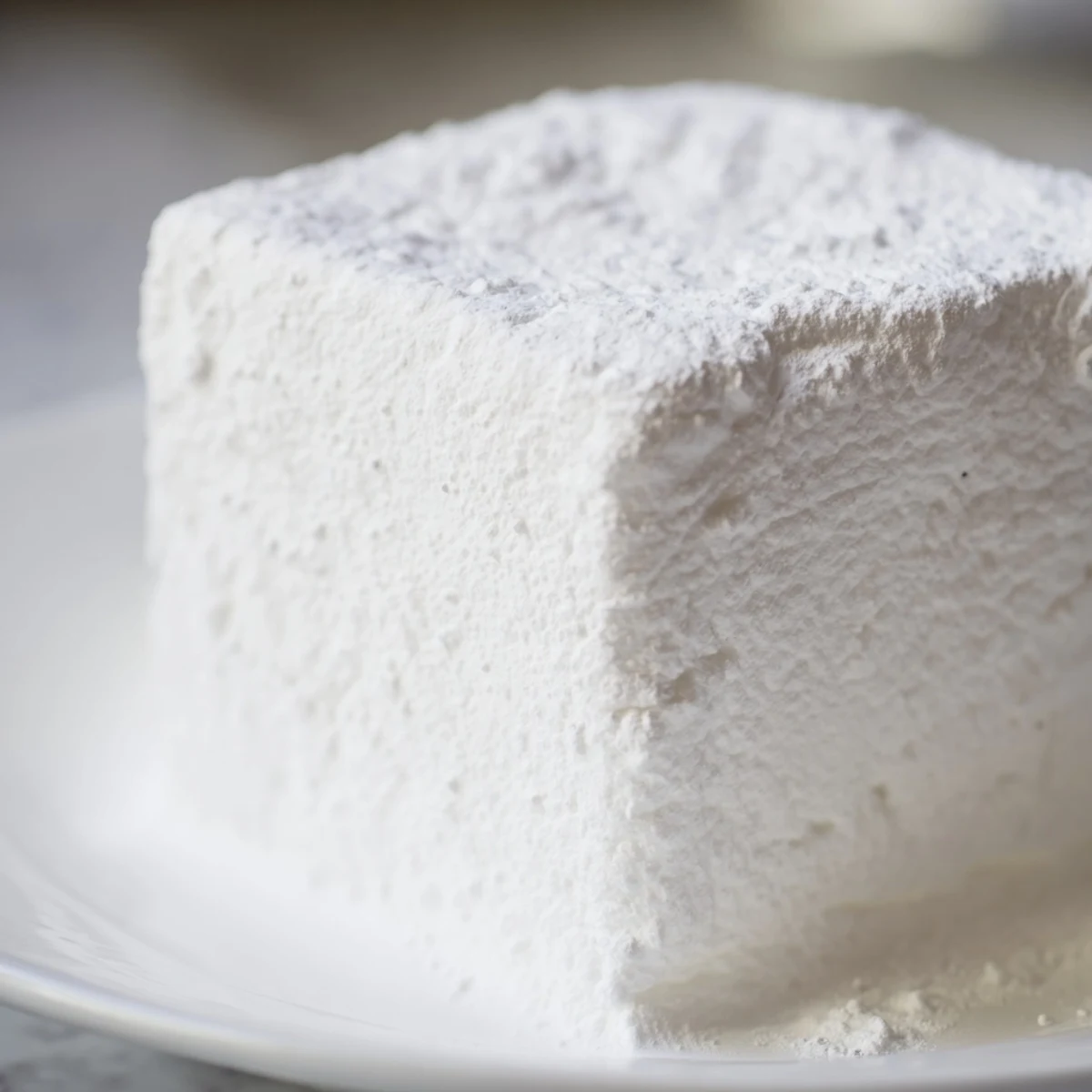 Fluffy white homemade marshmallows dusted with powdered sugar on a wooden cutting board