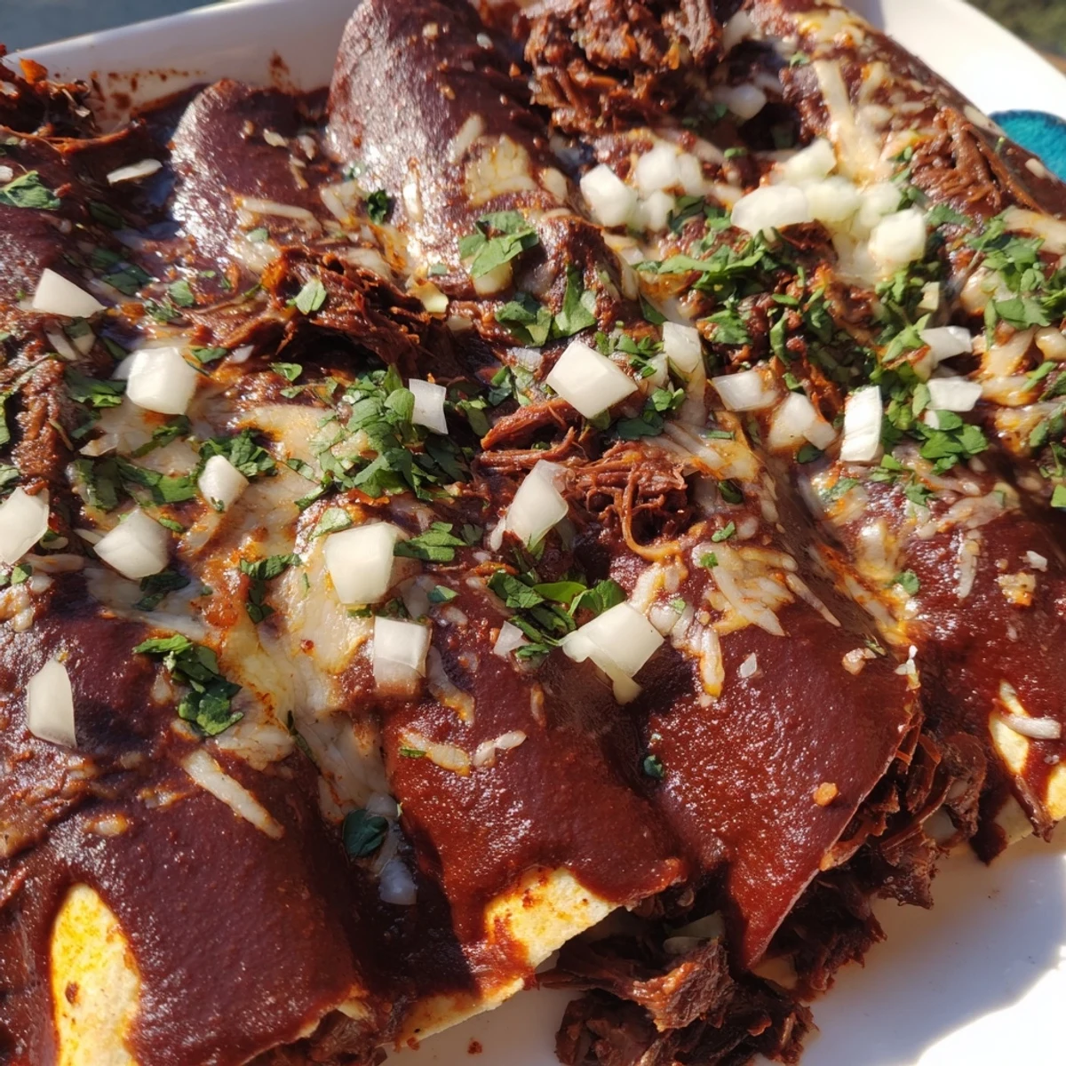Golden birria enchiladas baked with melted Oaxaca cheese and garnished with fresh cilantro and white onion