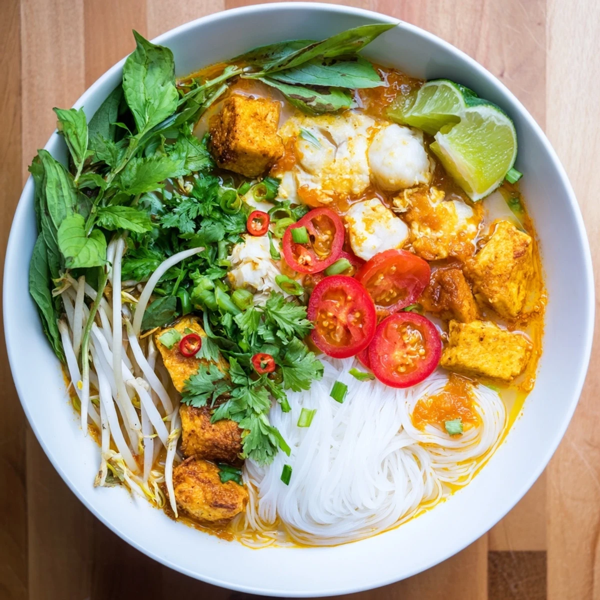 Steaming bowl of Vietnamese Bun Rieu crab noodle soup with fluffy egg crab clusters, tomatoes, and fresh herbs garnished on top