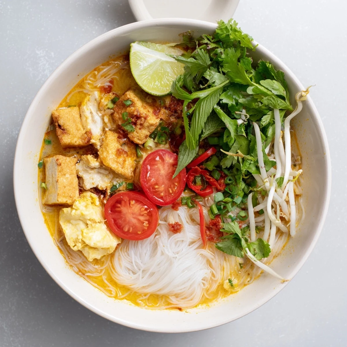 Vibrant red broth Vietnamese Bun Rieu crab noodle soup featuring vermicelli noodles, tomato wedges, tofu cubes, and aromatic perilla