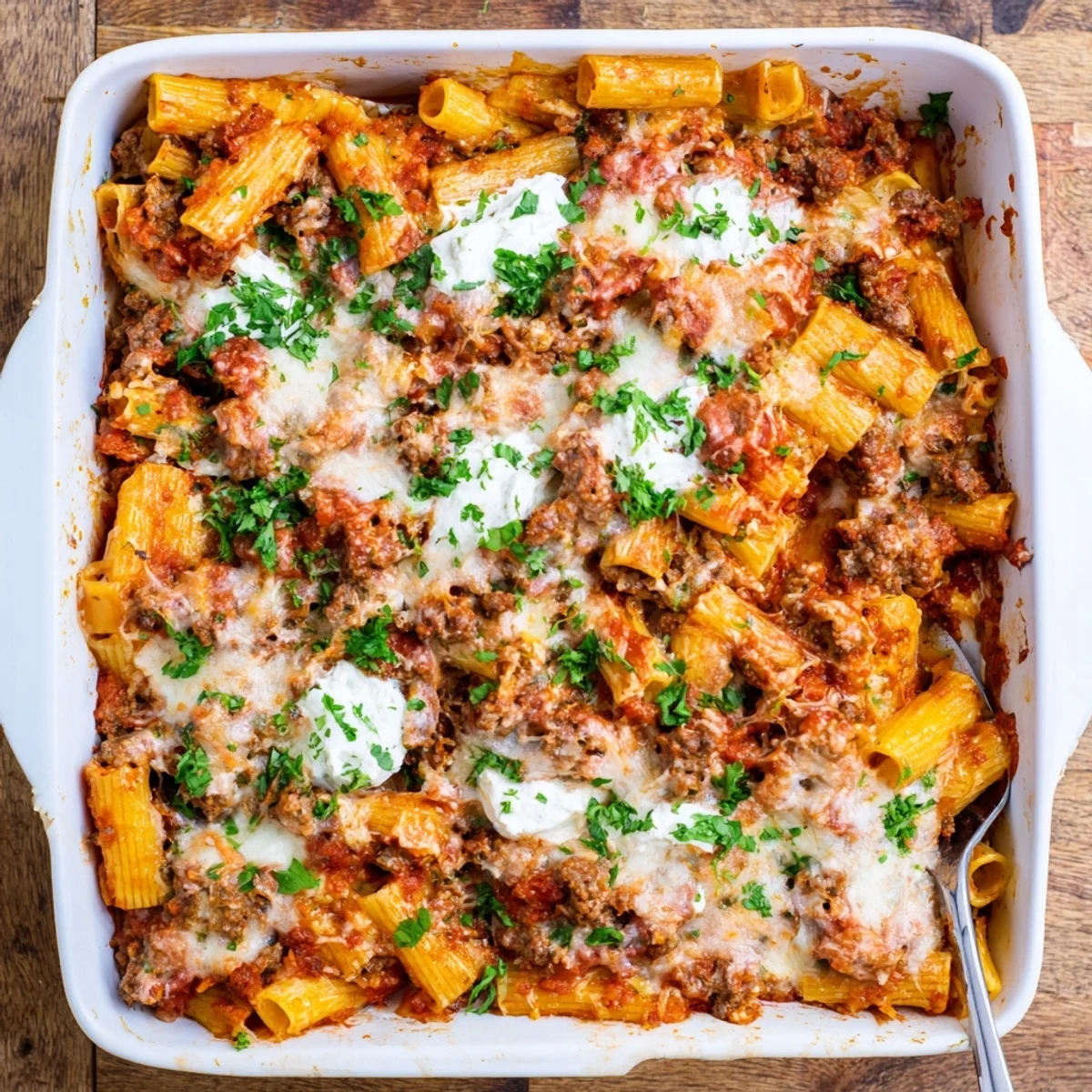Golden baked rigatoni casserole topped with melted mozzarella and fresh parsley garnish