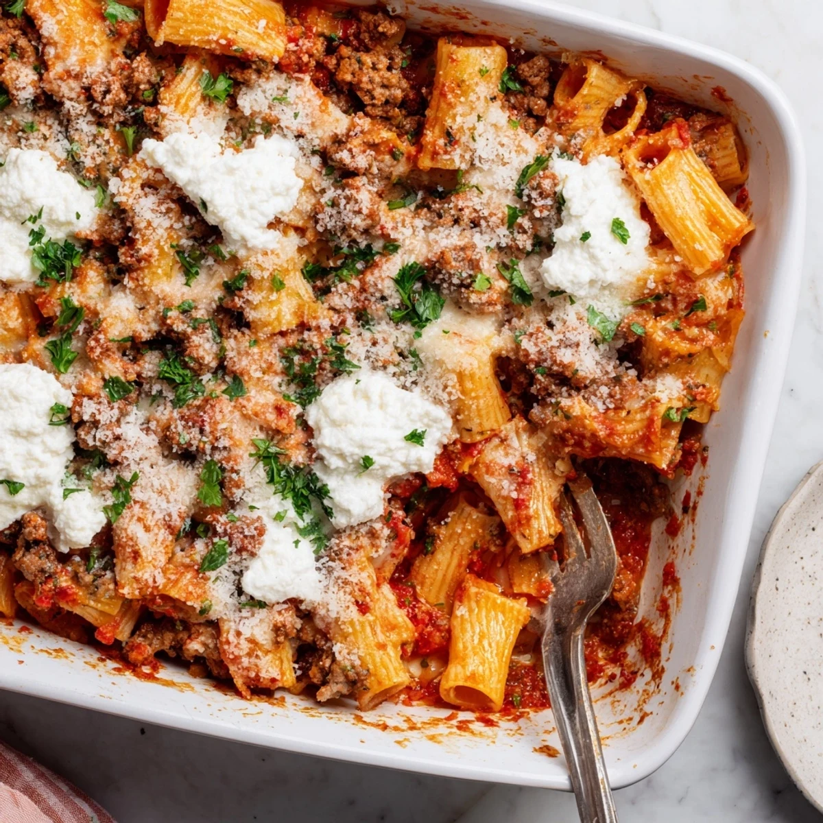 Savory ground beef and rigatoni pasta layered in bubbling marinara sauce with cheese