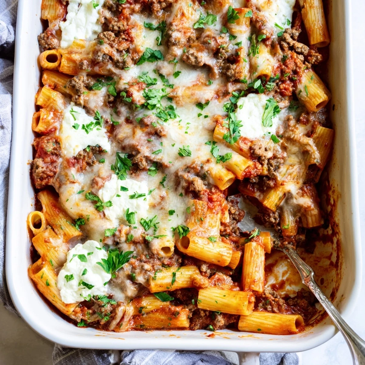 Comforting Italian pasta dish with beef, tomatoes, and three cheeses served family style
