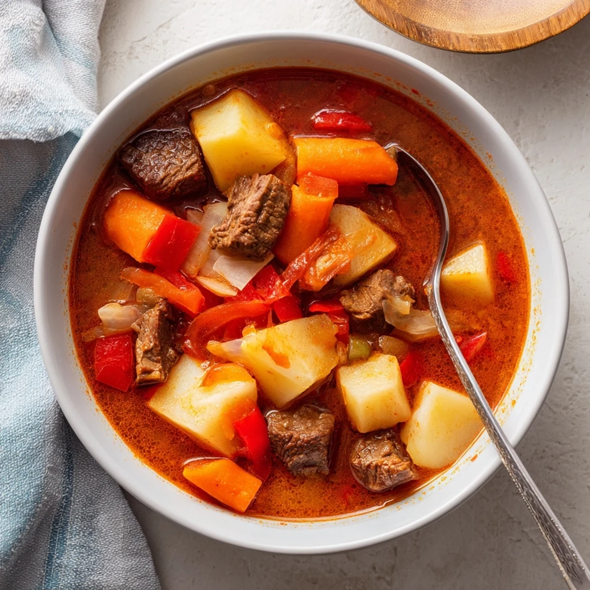 Steamy Hungarian Gulyás stew featuring tender beef cubes and hearty vegetables in a rich paprika-infused broth served in a rustic bowl