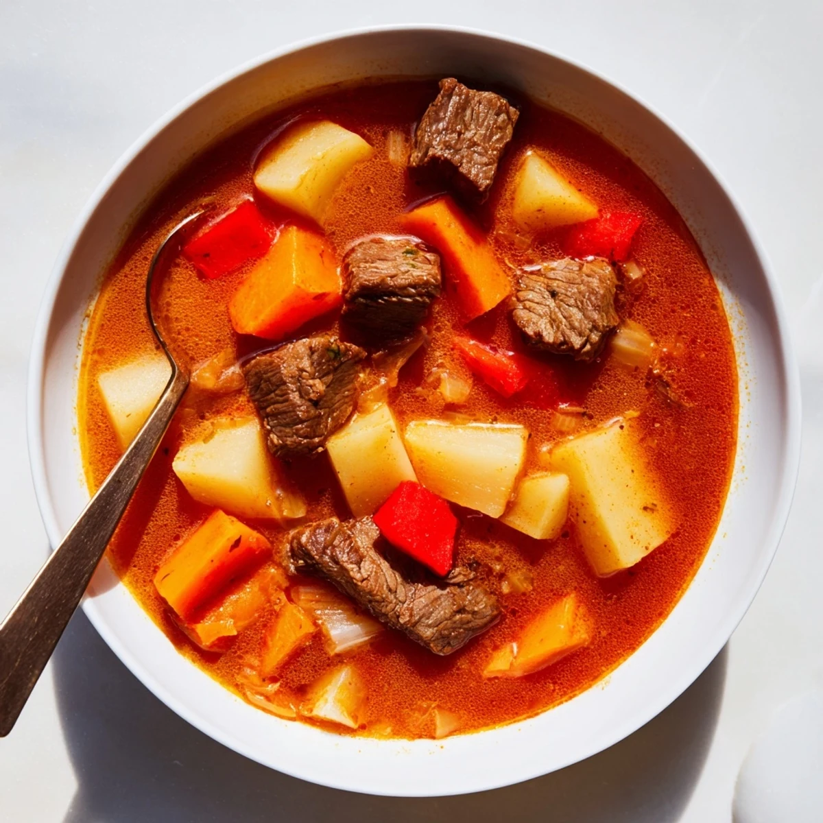 Golden Hungarian Gulyás bubbling in a Dutch oven with chunks of beef potatoes carrots and bell peppers simmered to perfection