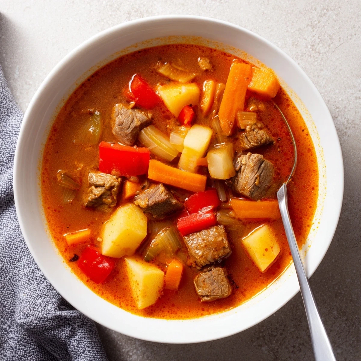 Hearty bowl of traditional Hungarian Gulyás showcasing tender beef chunks and colorful vegetables swimming in a vibrant red paprika broth