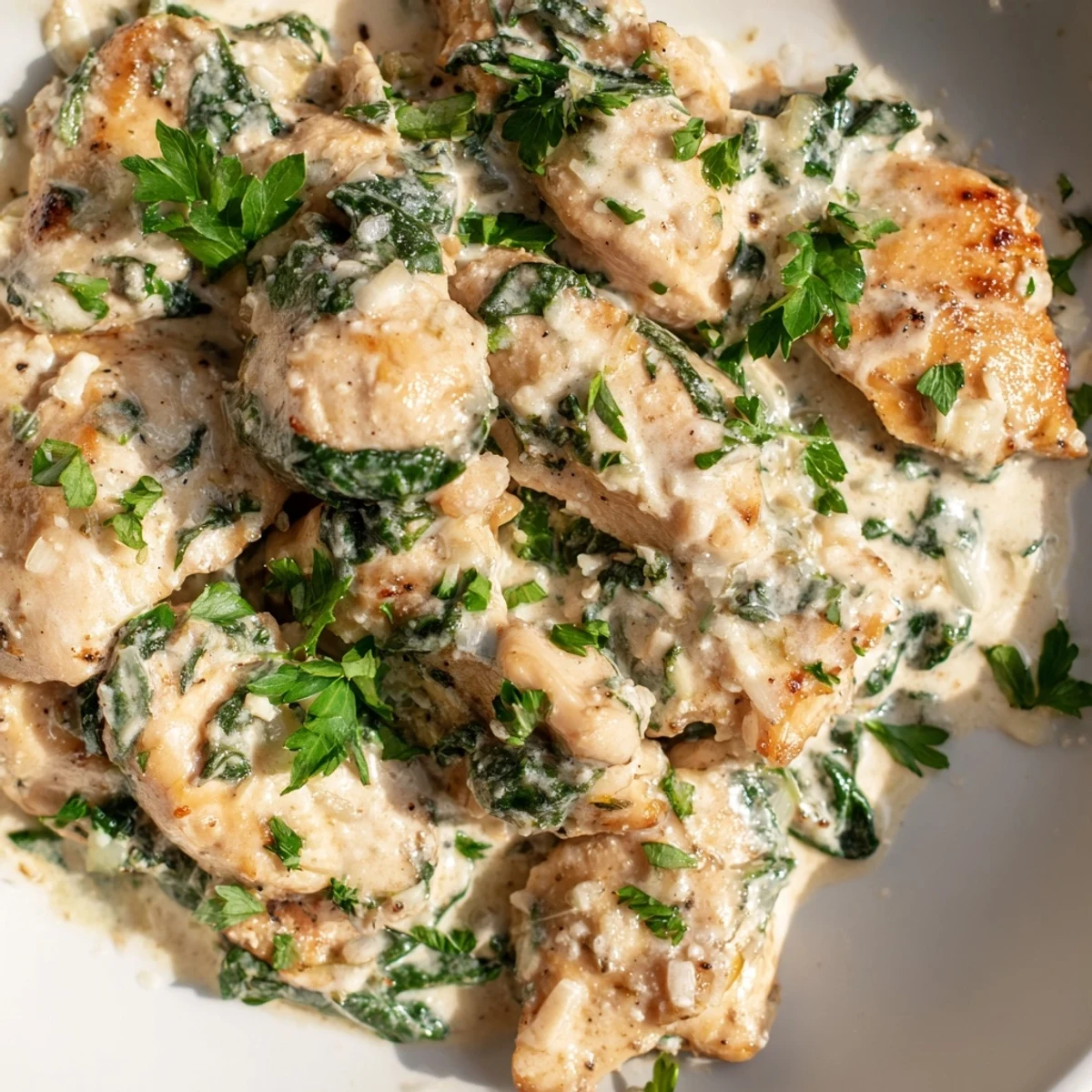 Golden brown chicken breasts nestled in a rich garlic Parmesan cream sauce with wilted spinach
