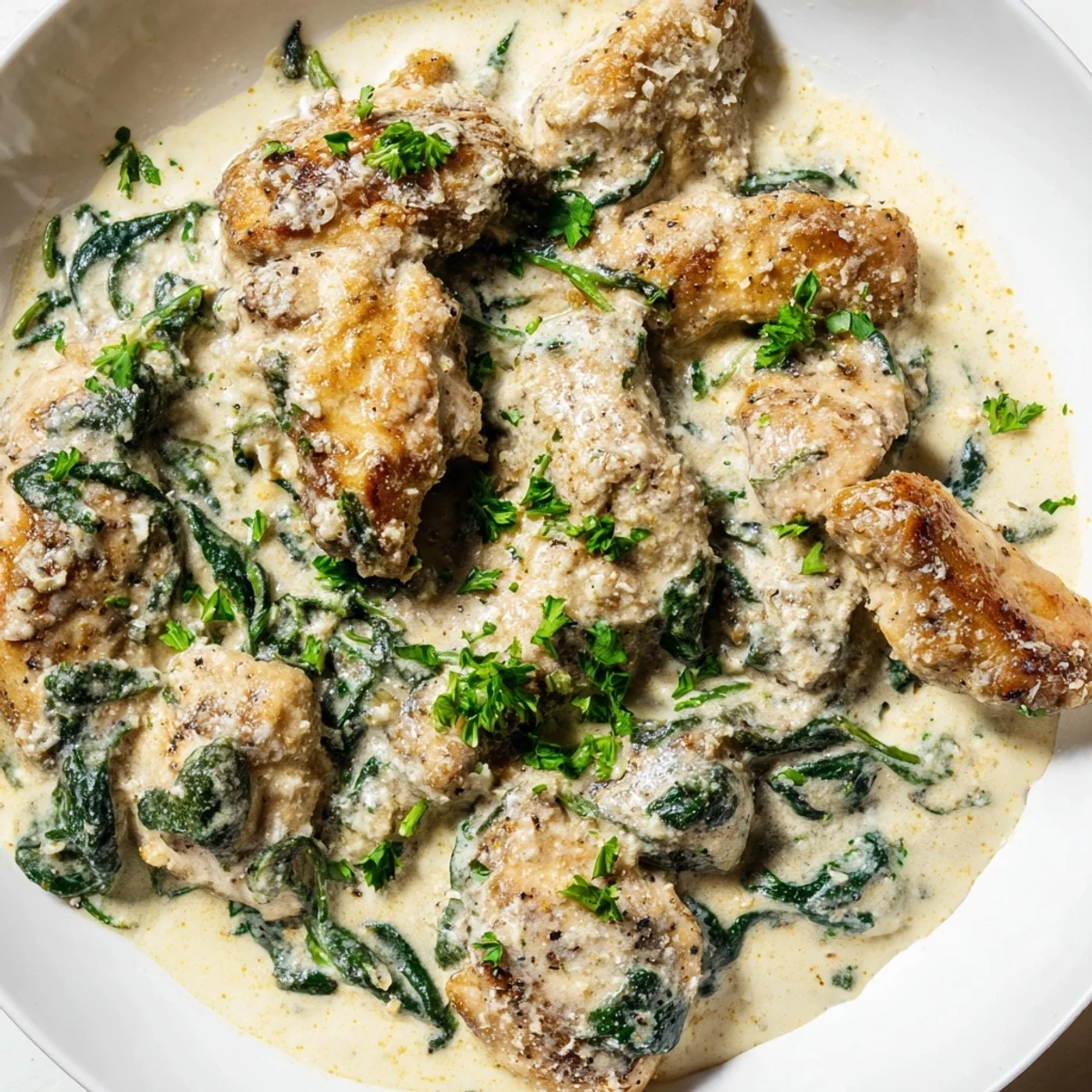 Creamy Parmesan chicken skillet featuring tender meat swimming in white sauce dotted with fresh green spinach