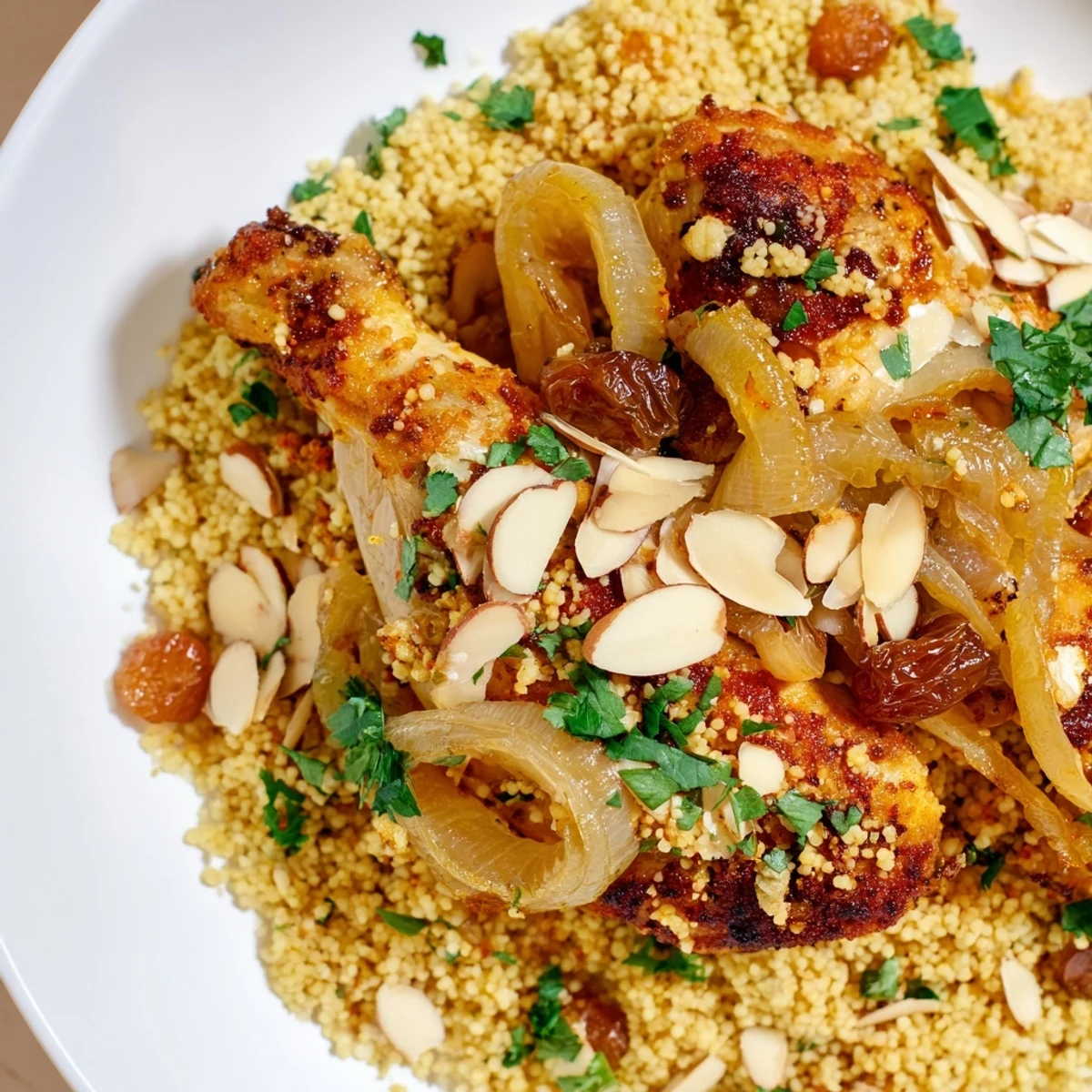 Golden Moroccan Couscous Tfaya topped with caramelized onions, raisins, and toasted almonds