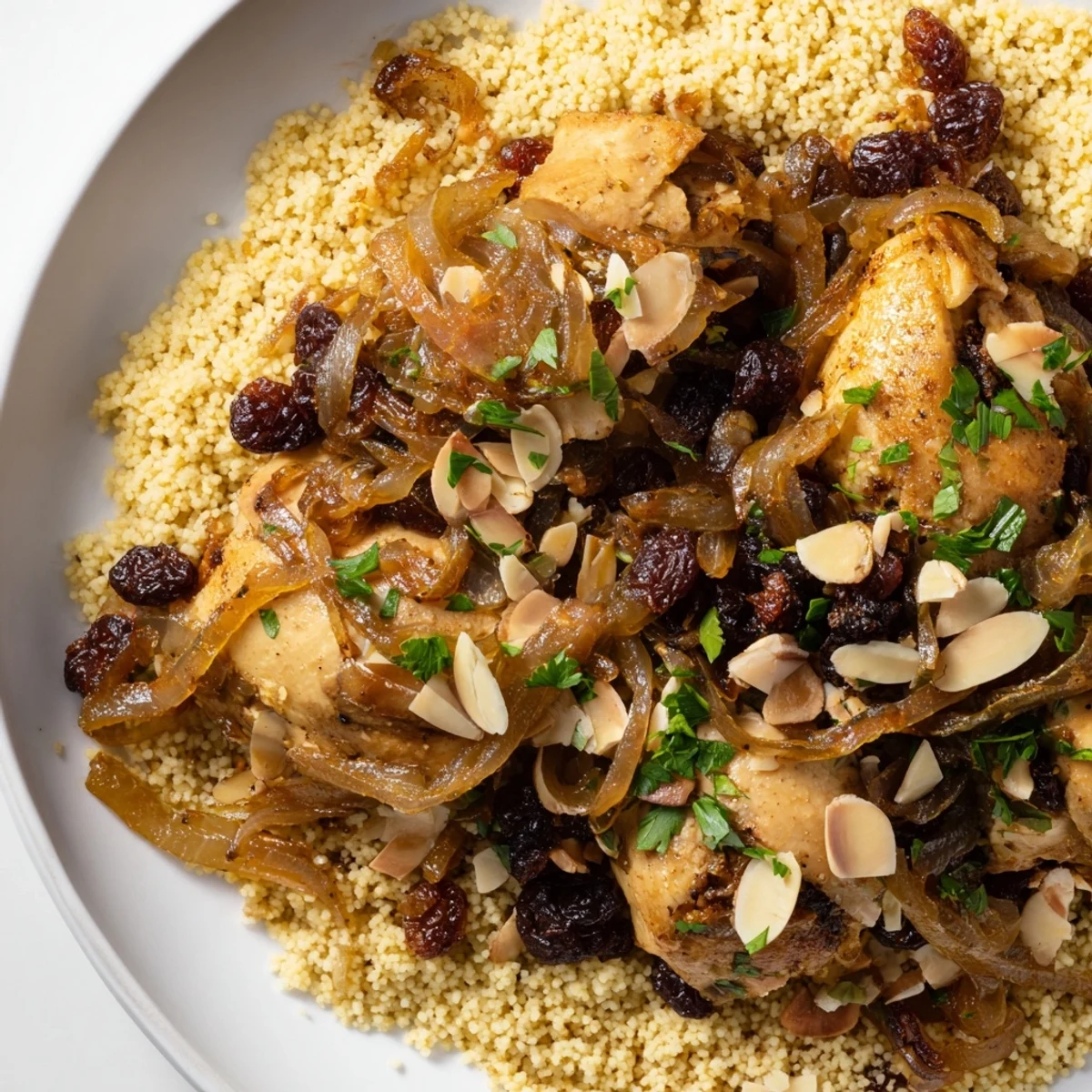 Fluffy couscous topped with sweet caramelized onion tfaya and golden toasted almonds on platter
