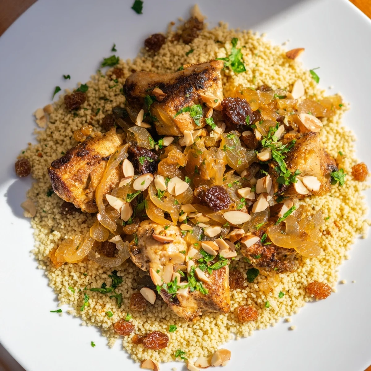 Moroccan Couscous Tfaya dish featuring spiced chicken, sweet onions, raisins, and crunchy almonds