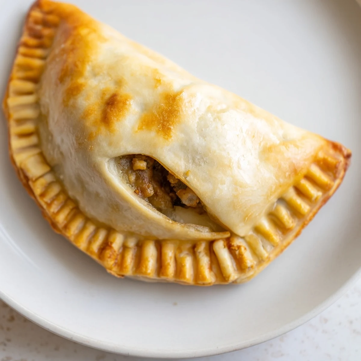 Golden brown Filipino empanada stuffed pastry with savory meat and vegetable filling on a white plate