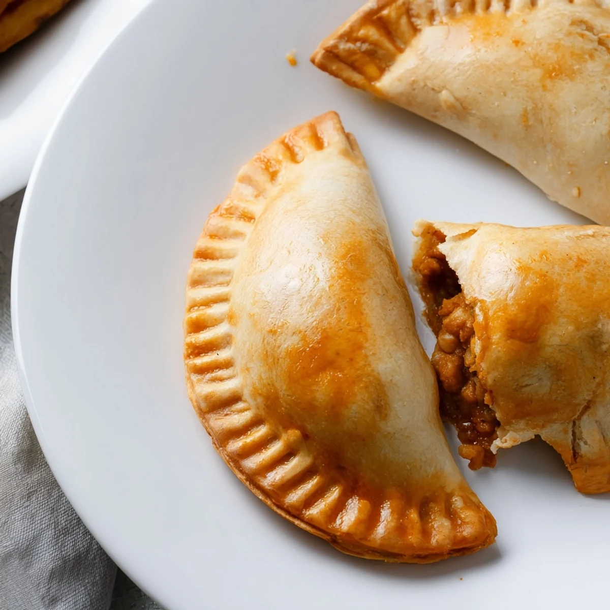 Crispy baked Filipino empanada featuring spiced ground pork, peas, potatoes, and chopped egg