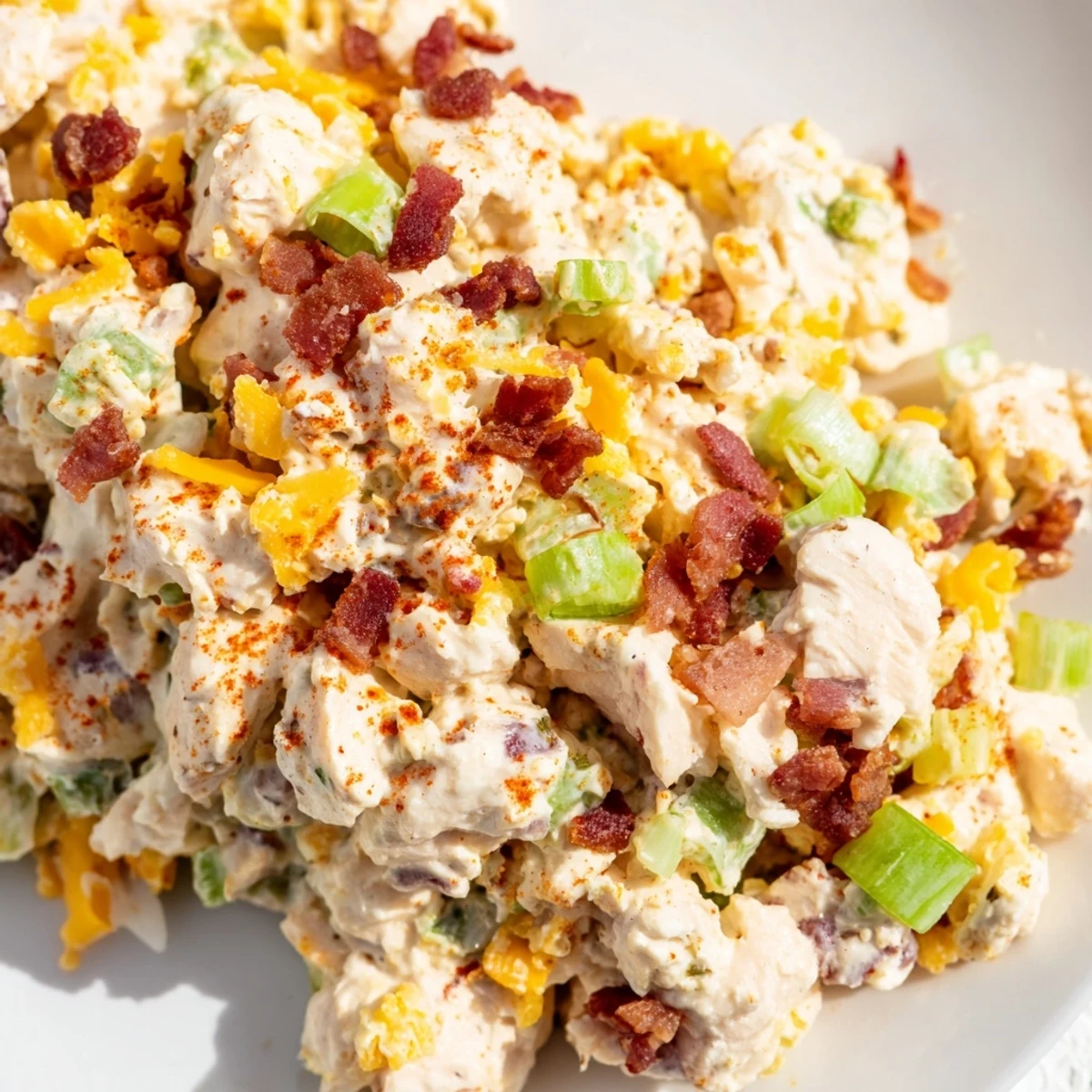 Creamy jalapeno popper keto chicken salad loaded with bacon crumbles and shredded cheddar cheese in a white serving bowl