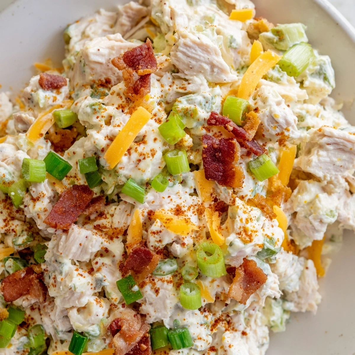 Low carb jalapeno popper keto chicken salad featuring tender chicken chunks and diced fresh jalapenos in a ceramic serving dish