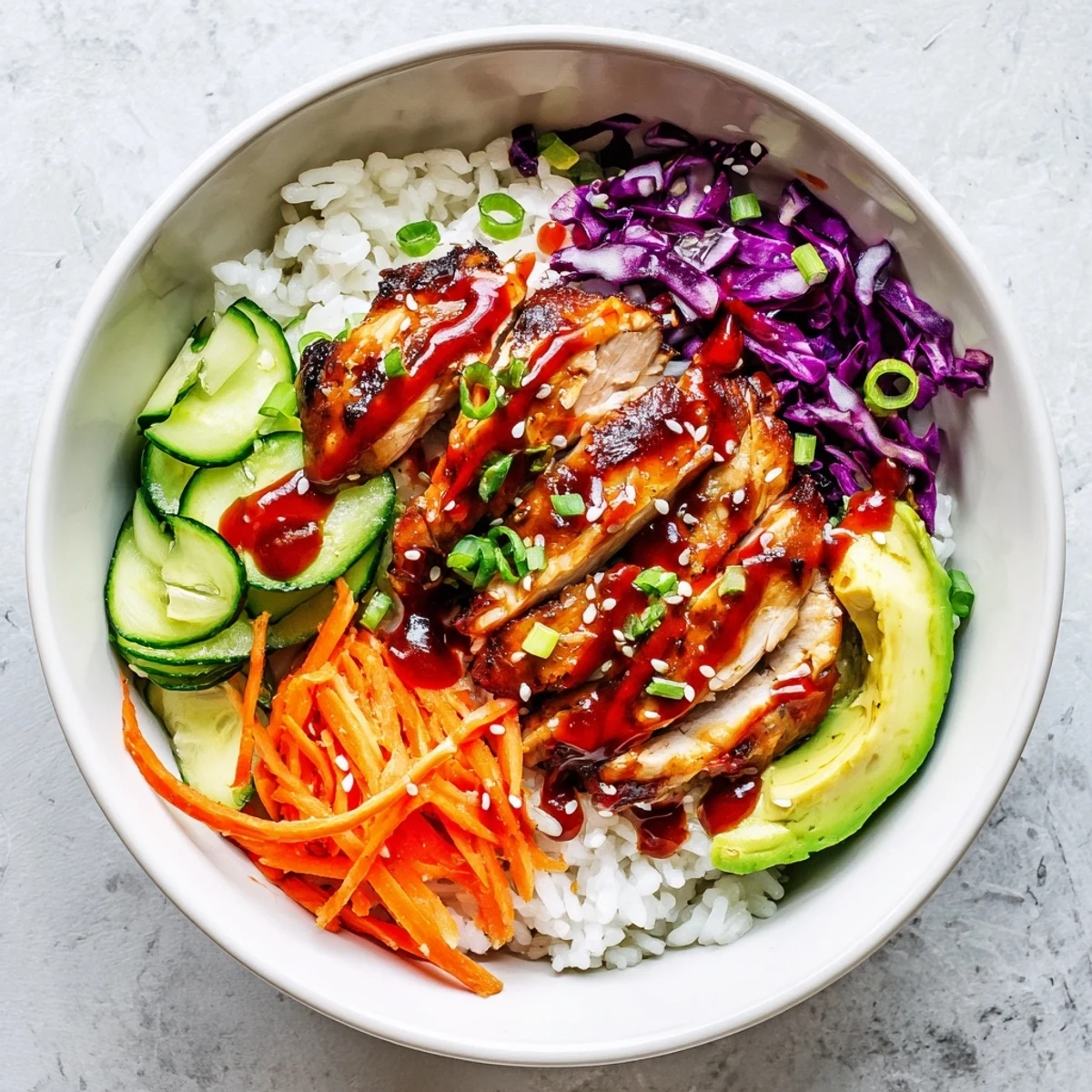 Korean BBQ chicken bowl featuring glazed grilled chicken over fluffy rice with colorful vegetables and spicy gochujang mayo drizzle