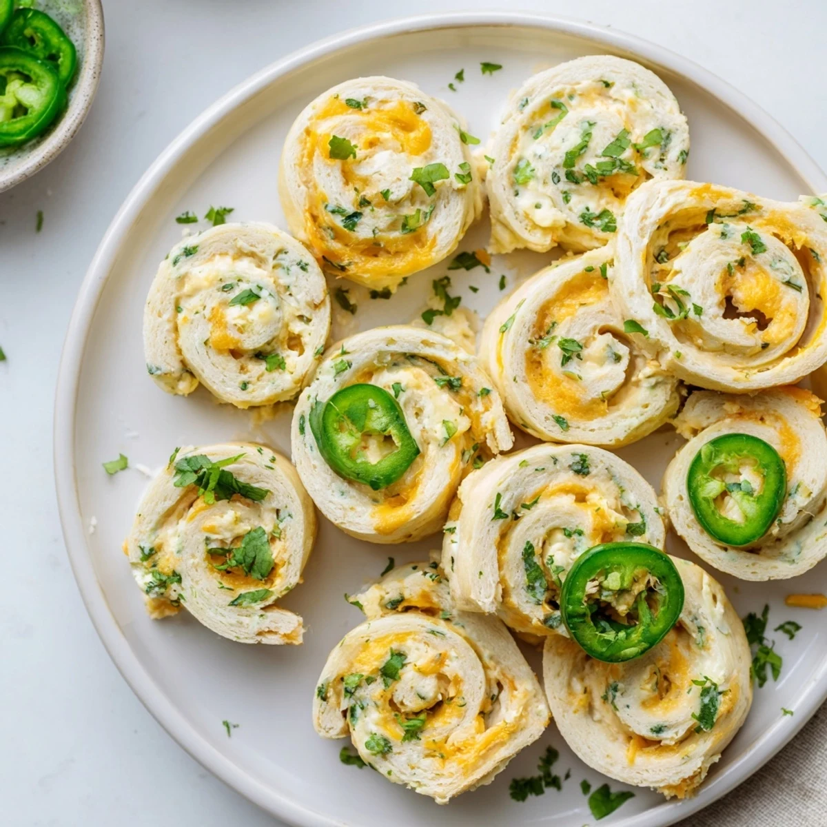 Golden baked easy jalapeno popper pinwheels with melted cheddar and fresh green onion specks