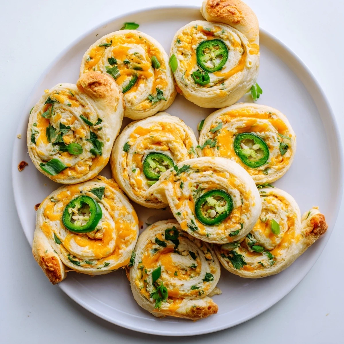 Spiral sliced easy jalapeno popper pinwheels arranged on parchment paper, garnished with fresh cilantro