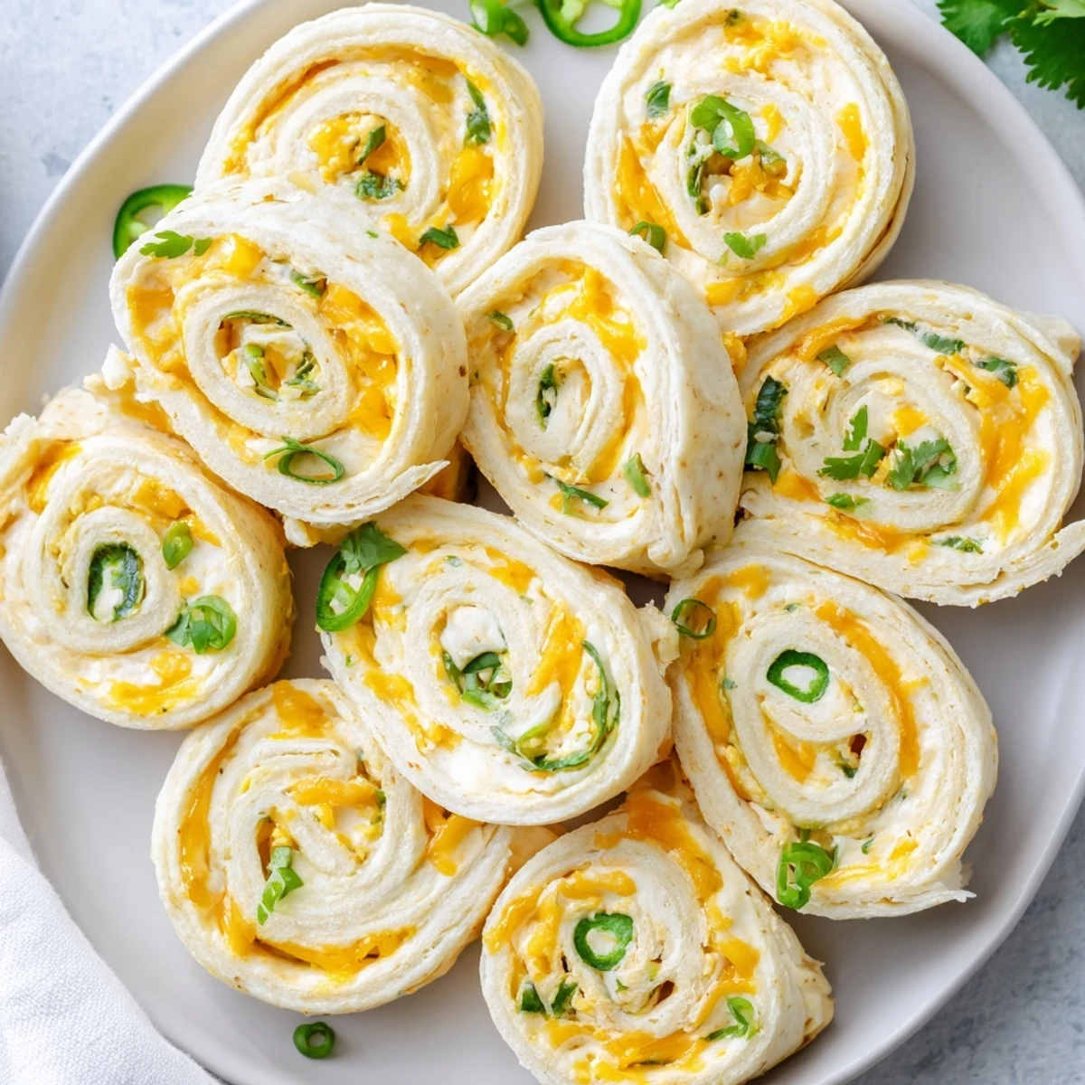 Close up of warm easy jalapeno popper pinwheels showing creamy cheese filling and diced jalapeños