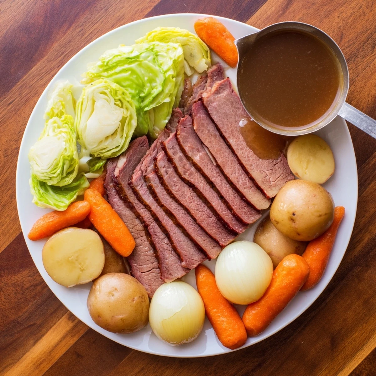 Slices of tender slow cooker corned beef served alongside buttered cabbage and carrots