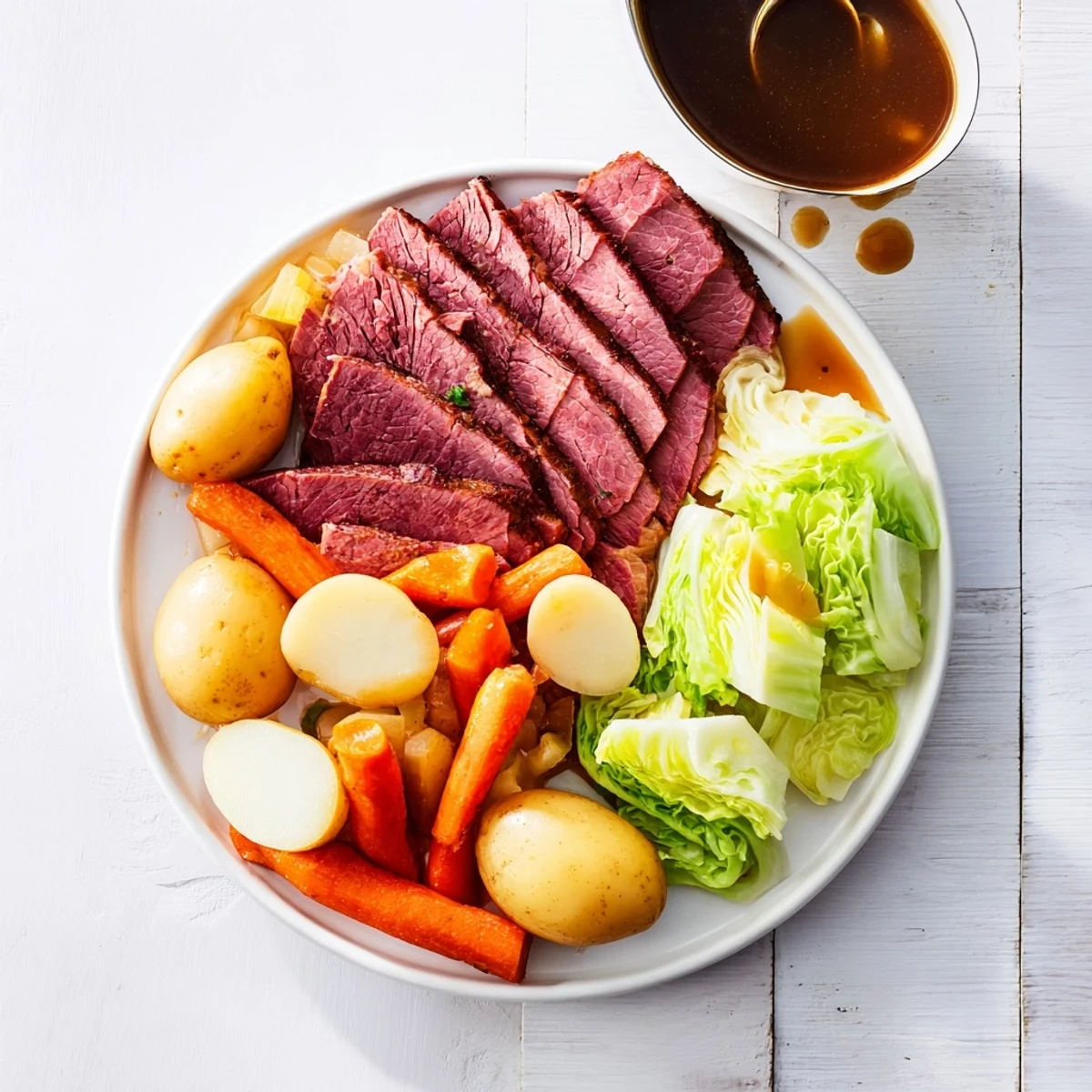 Fork-tender corned beef brisket plated with steamed vegetables from the slow cooker