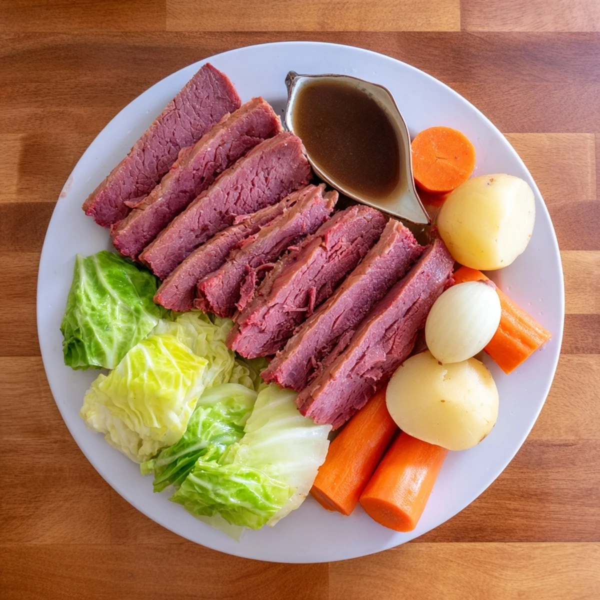 Hearty corned beef and cabbage dinner garnished with fresh herbs in a rustic bowl