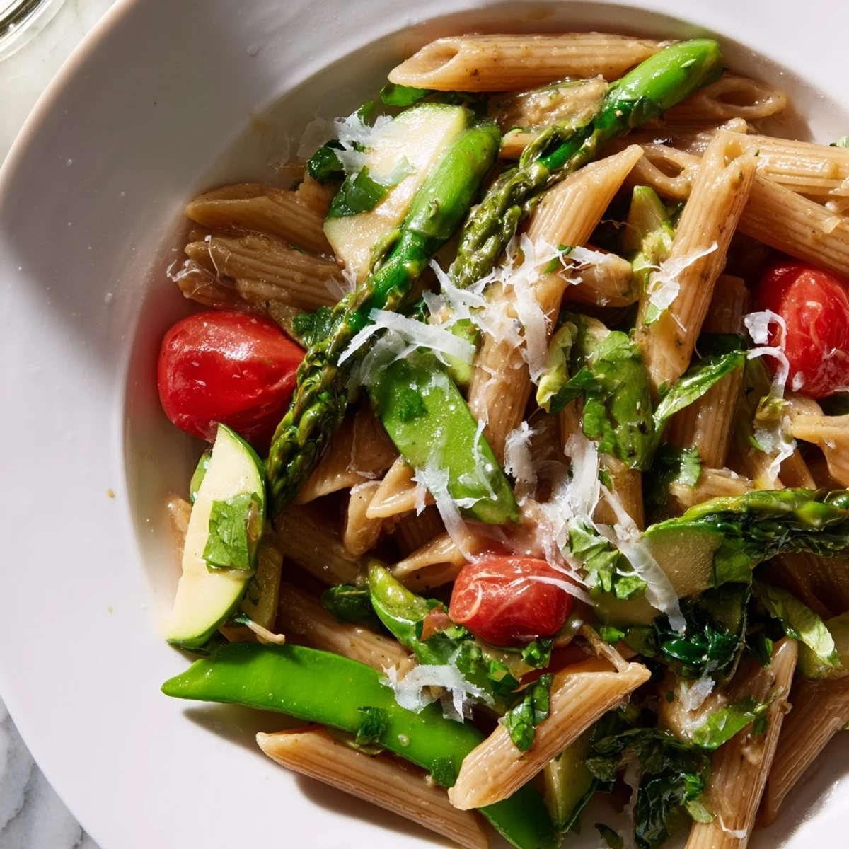 One pot spring vegetable pasta featuring tender asparagus, snap peas, and zucchini in a light lemon Parmesan broth