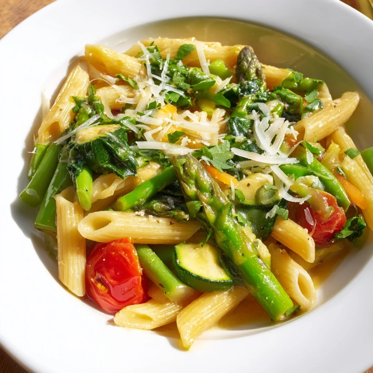 Creamy one pot spring vegetable pasta served hot with melted Parmesan and crisp spring vegetables throughout