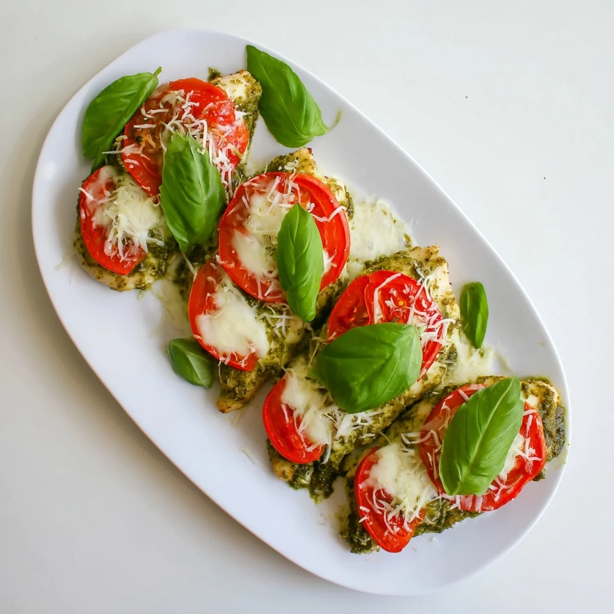 Golden melted mozzarella tops juicy Baked Pesto Caprese Chicken with vibrant red tomato slices and fresh green basil garnish