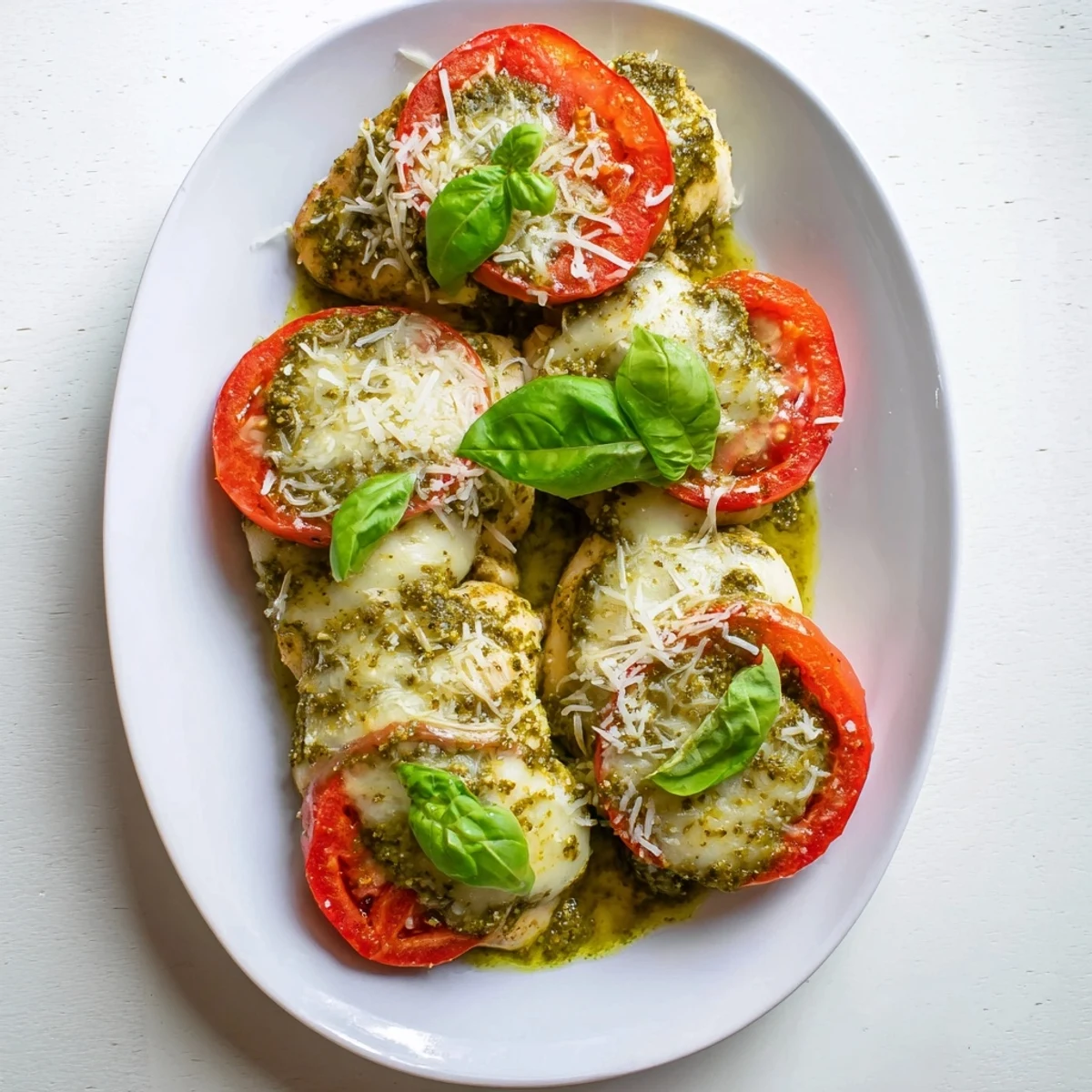Baked Pesto Caprese Chicken featuring bubbling cheese layered over tender pesto-seasoned chicken breasts with ripe tomato accompaniment
