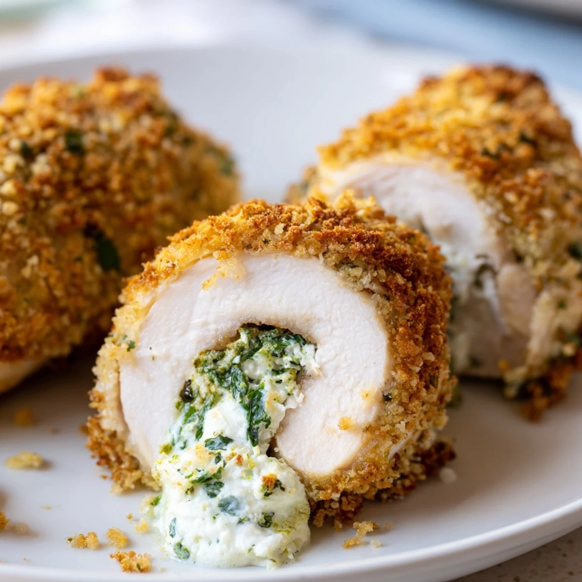 Golden brown herbed ricotta stuffed chicken rolls with crispy breadcrumb topping on white plate