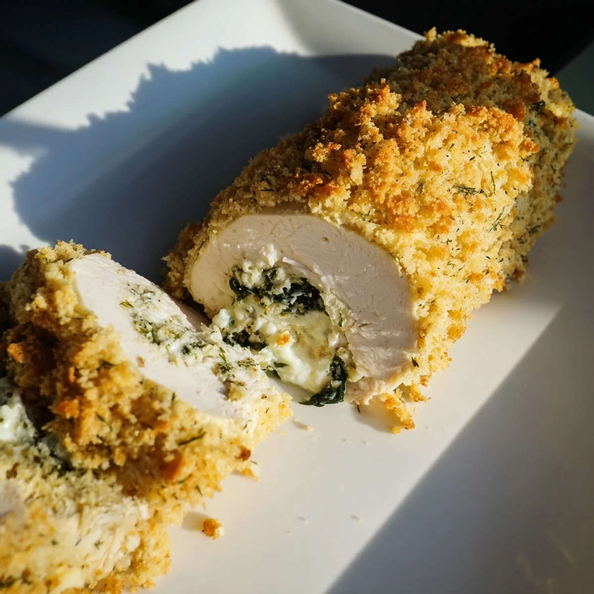 Sliced herbed ricotta stuffed chicken rolls revealing creamy white cheese filling inside baked meat