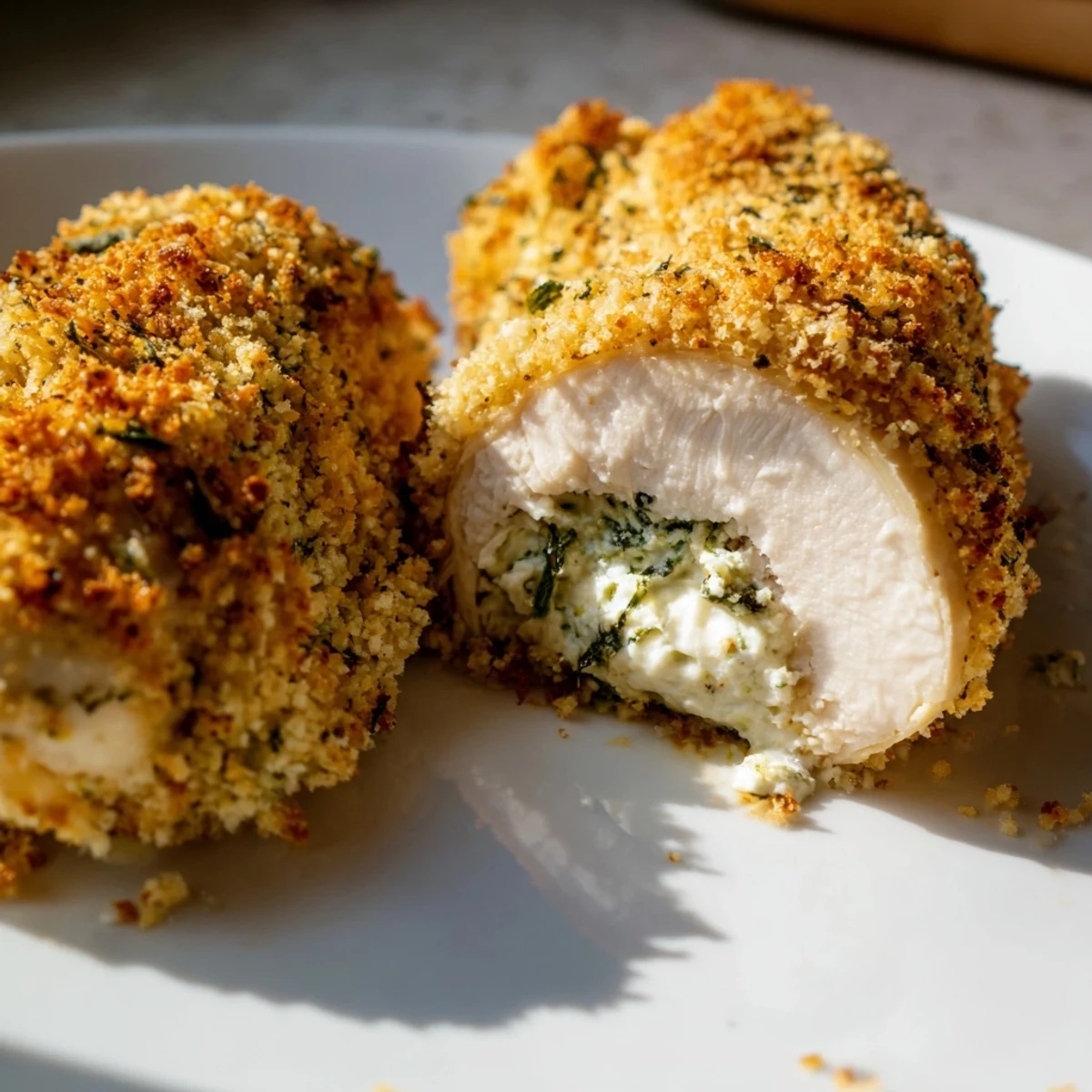 Oven baked herbed ricotta stuffed chicken rolls plated with fresh herbs and golden crust