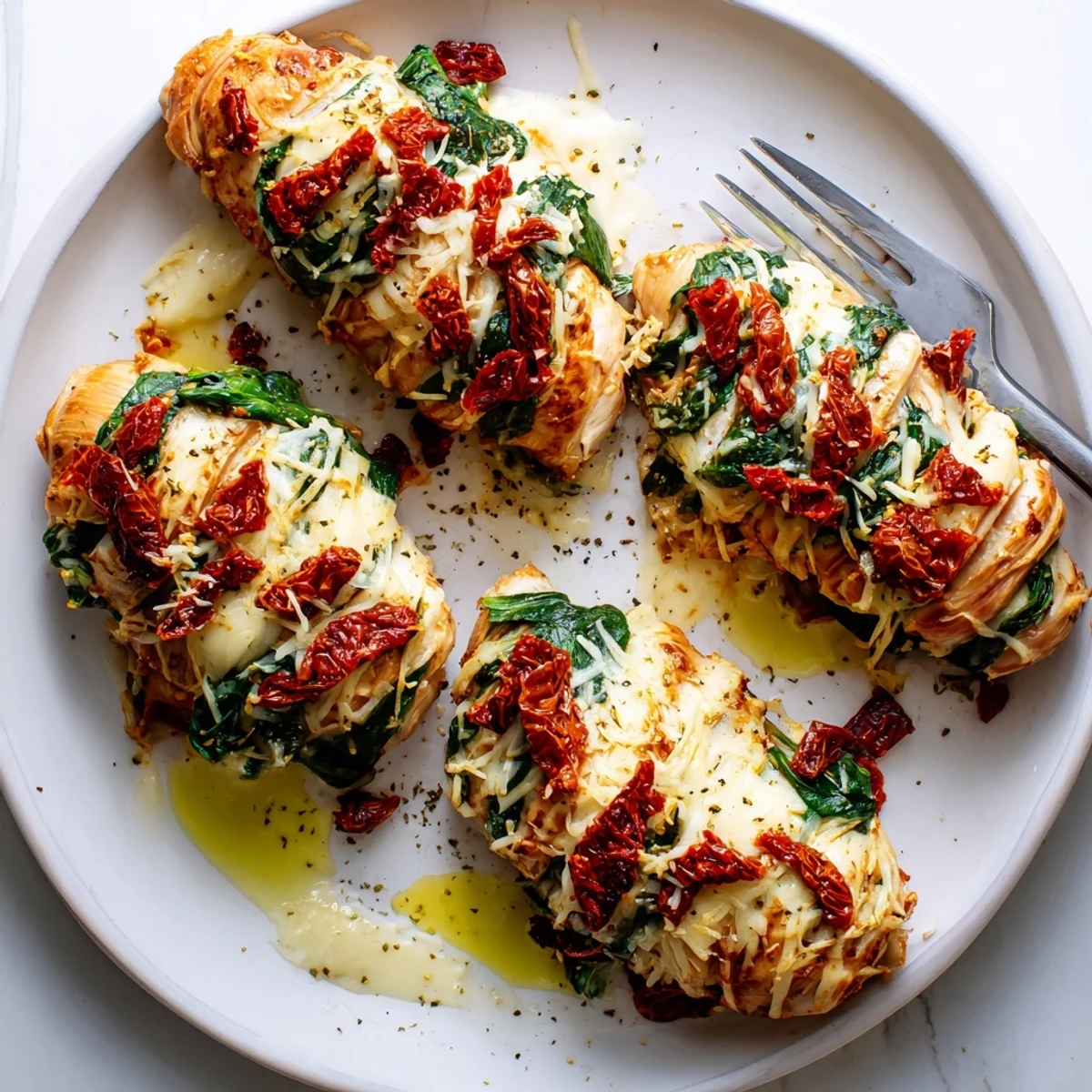 Golden Hasselback chicken breasts stuffed with melted mozzarella spinach and sun-dried tomatoes