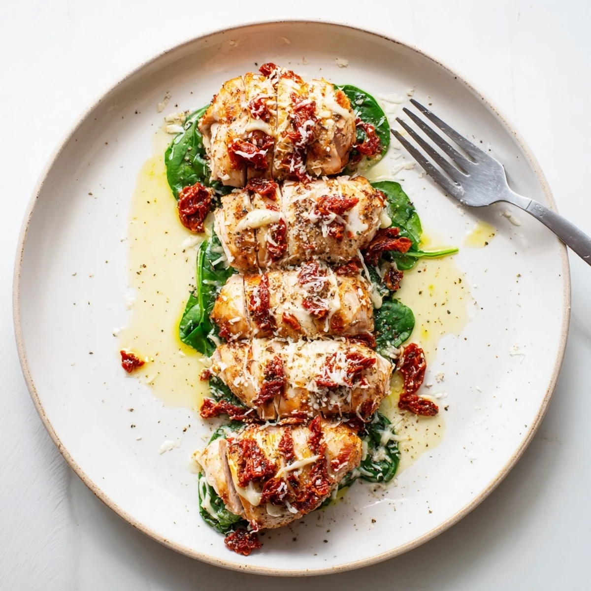 Juicy Hasselback chicken dish featuring stuffed pockets of garlicky spinach and sundried tomato goodness