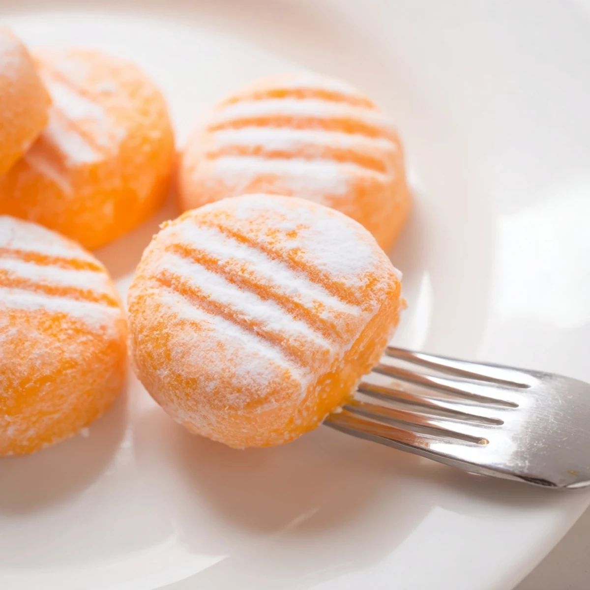 Homemade orange cream cheese mints dusted with powdered sugar on a parchment-lined serving tray