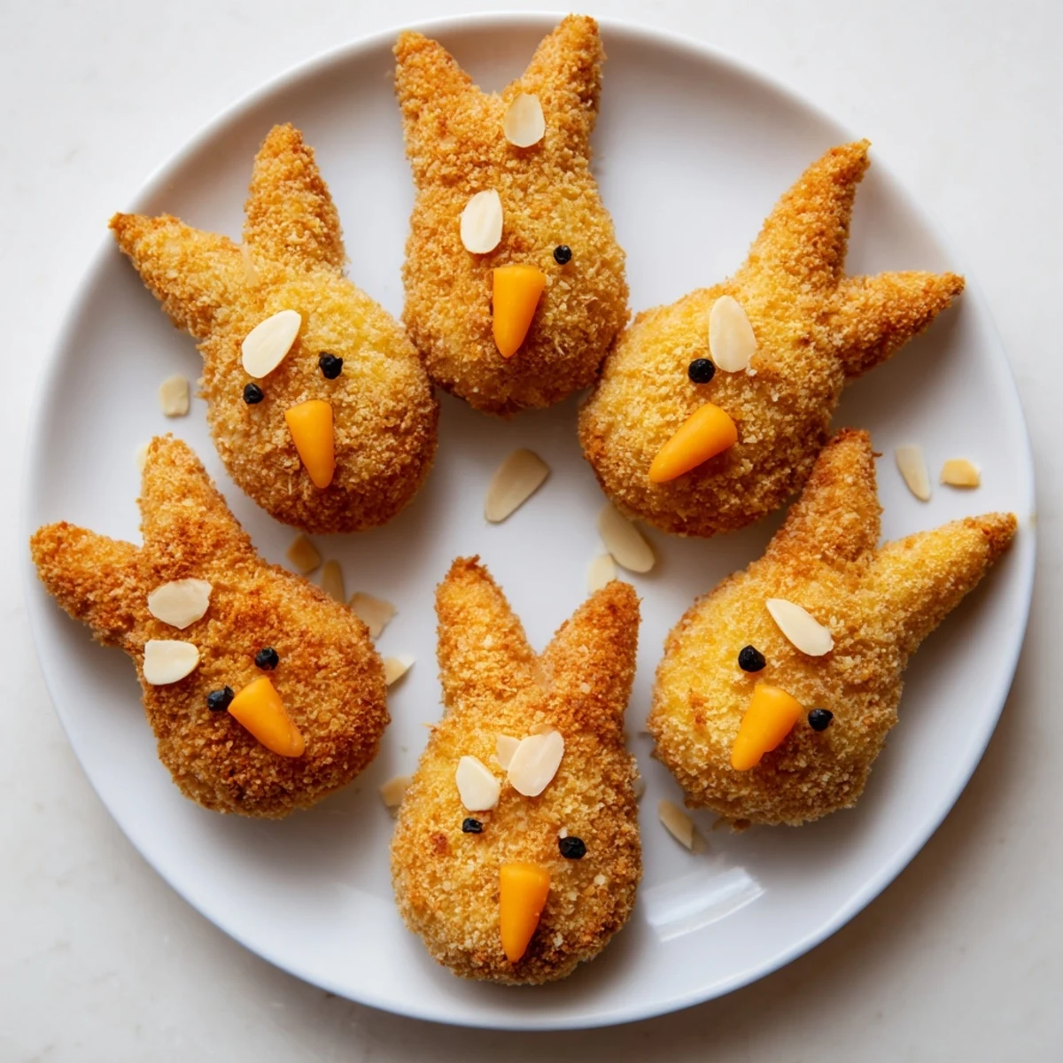 Golden Easter Bunny Potato Croquettes arranged on a white serving plate with almond ears