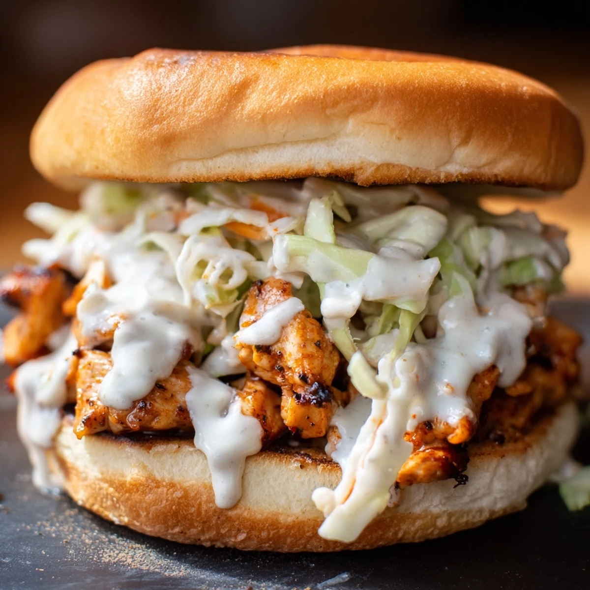 Golden chicken pieces coated in creamy Alabama white BBQ sauce piled on toasted buns