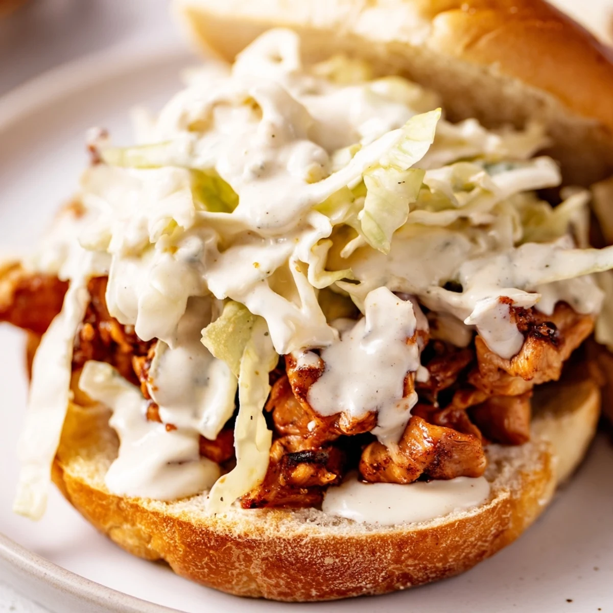 Alabama BBQ Chicken Chopped Sandwich with juicy meat, creamy sauce, and crunchy cabbage slaw