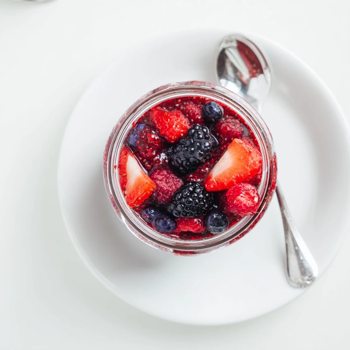Glass jar of Easy Berry Chia Seed Jam topped with fresh whole strawberries and blueberries