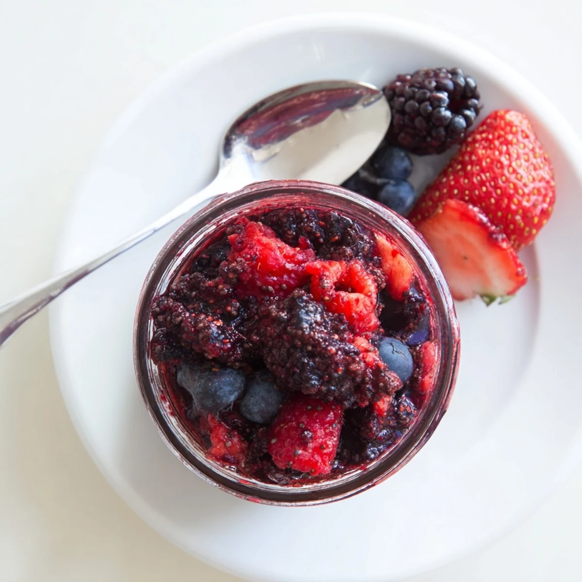 Spoonful of thickened Easy Berry Chia Seed Jam spread generously on golden toasted sourdough bread