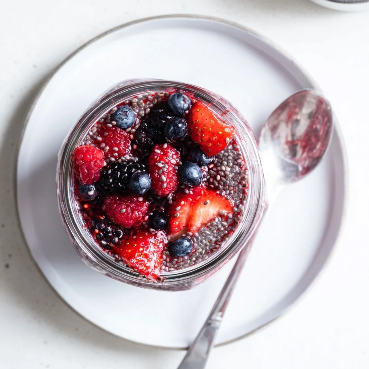 Rustic wooden table displaying Easy Berry Chia Seed Jam beside a bowl of Greek yogurt