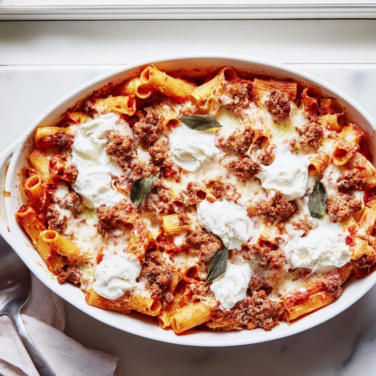 Slow cooker baked ziti with melted mozzarella and Italian sausage in a rich tomato sauce