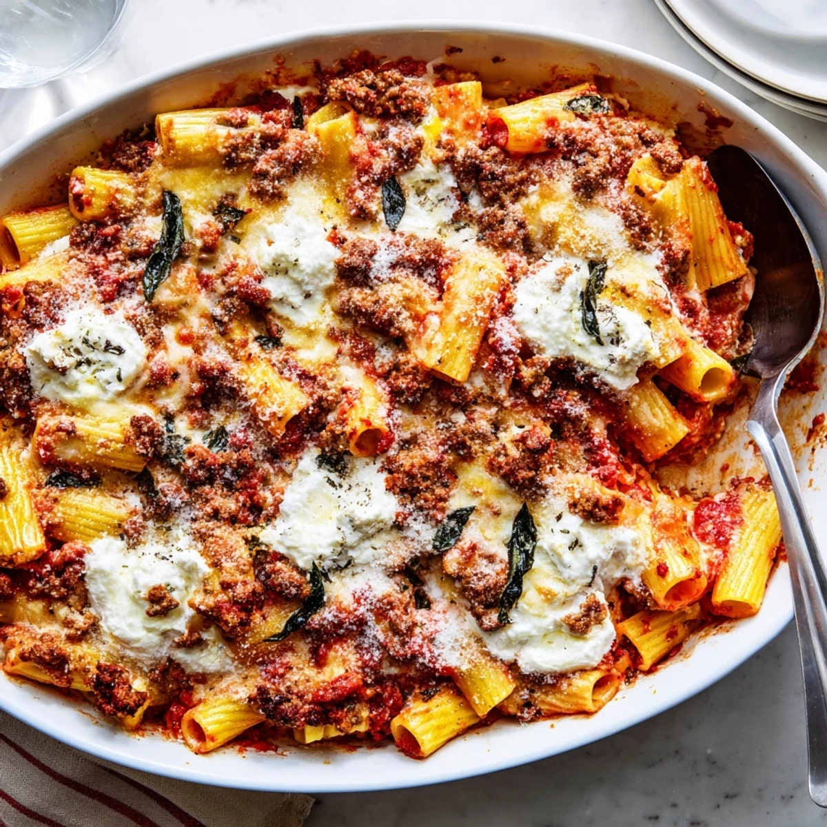 Creamy ricotta and gooey cheese topped baked ziti pasta fresh from the slow cooker
