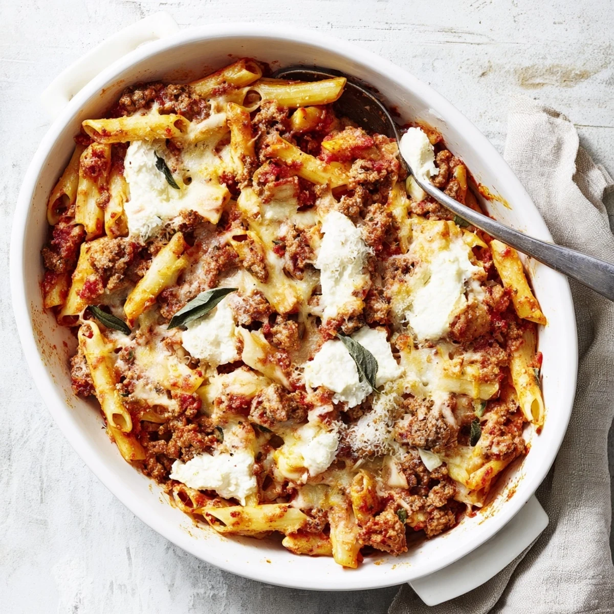 Hearty Italian sausage baked ziti casserole with bubbly cheese and fresh basil garnish