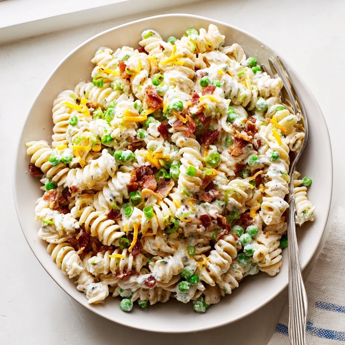Creamy crack pasta salad loaded with crispy bacon and cheddar in a white serving bowl